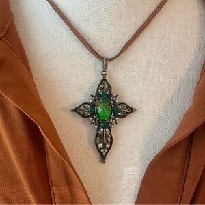 Whimsygoth Renaissance Green Glass Cross Pendant Necklace